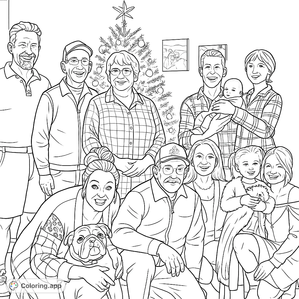 A heartwarming multi-generational family gathering, complete with a baby, children, and beloved pets, set against a festive backdrop with a decorated tree.