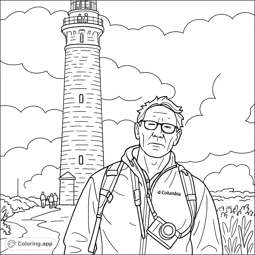 Explore a majestic lighthouse scene with a traveler in the foreground, set against a cloudy sky and coastal vegetation. Perfect for architectural and travel enthusiasts.