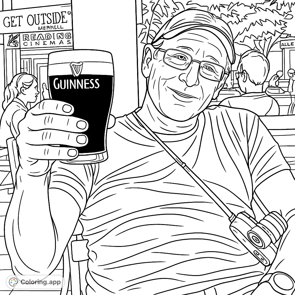 A smiling man holds a pint glass with a foam head in an outdoor cafe, surrounded by street signs and other patrons. An engaging adult coloring page.