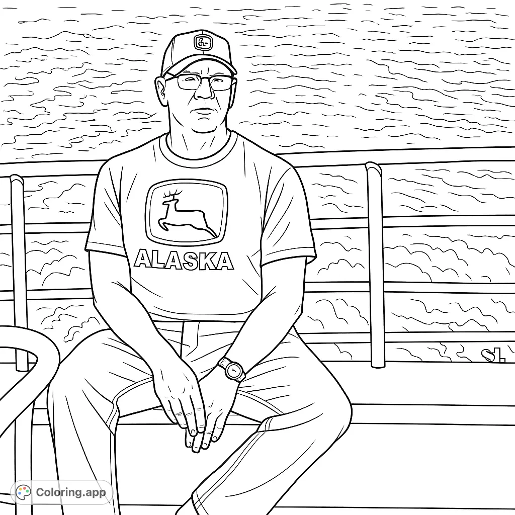Color a man on a boat, featuring a distinctive moose emblem on his shirt and a detailed water wake. Perfect for travel and nature enthusiasts.