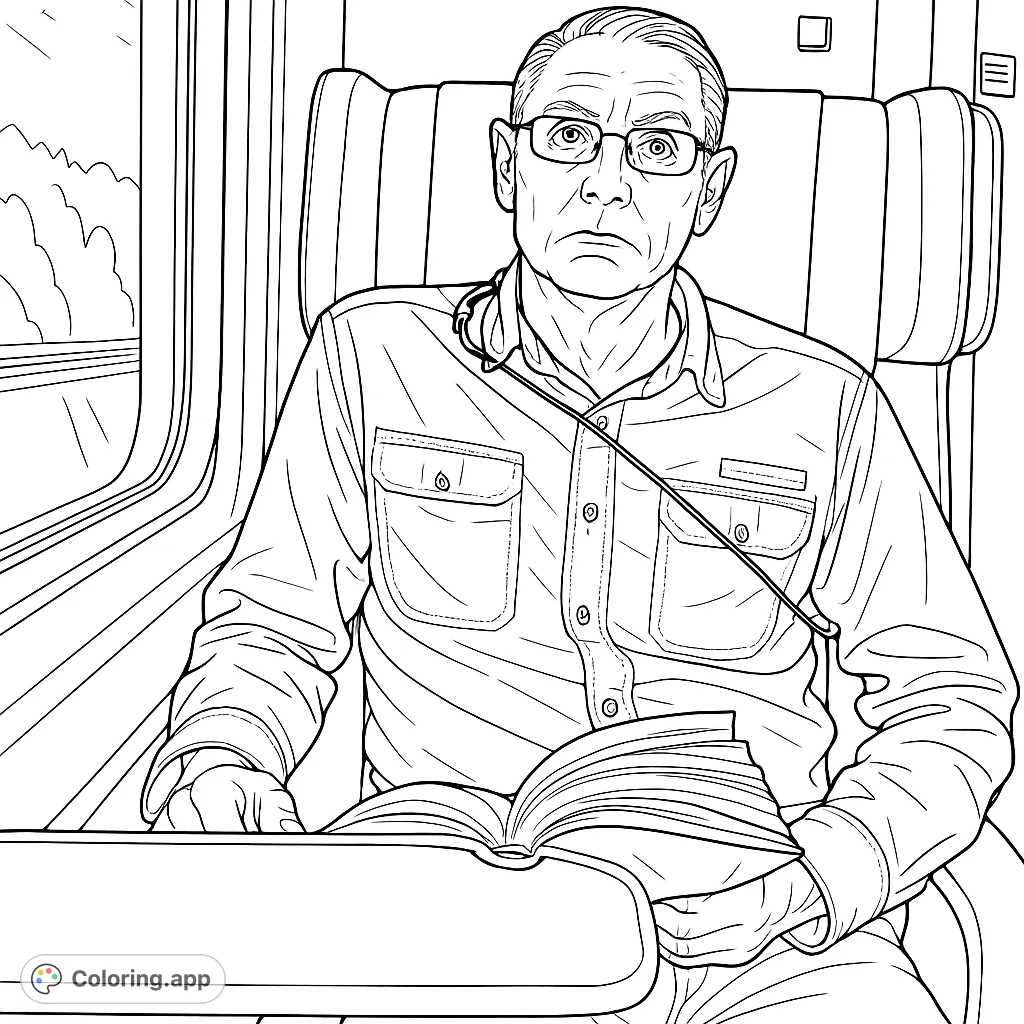 A thoughtful man enjoys a book on a train journey, with a blurred landscape passing by. Perfect for a relaxing adult coloring page.
