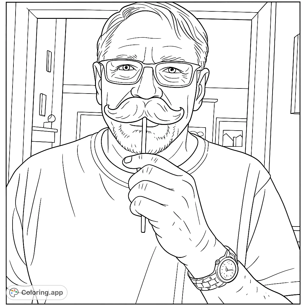 A humorous coloring page featuring a man playfully holding a novelty mustache on a stick, perfect for a lighthearted coloring session.