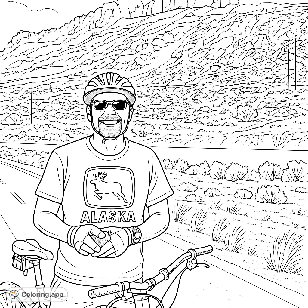 A smiling cyclist with helmet and gloves stands beside his bike on a road, set against a rugged mountain landscape. Perfect for outdoor adventure enthusiasts.