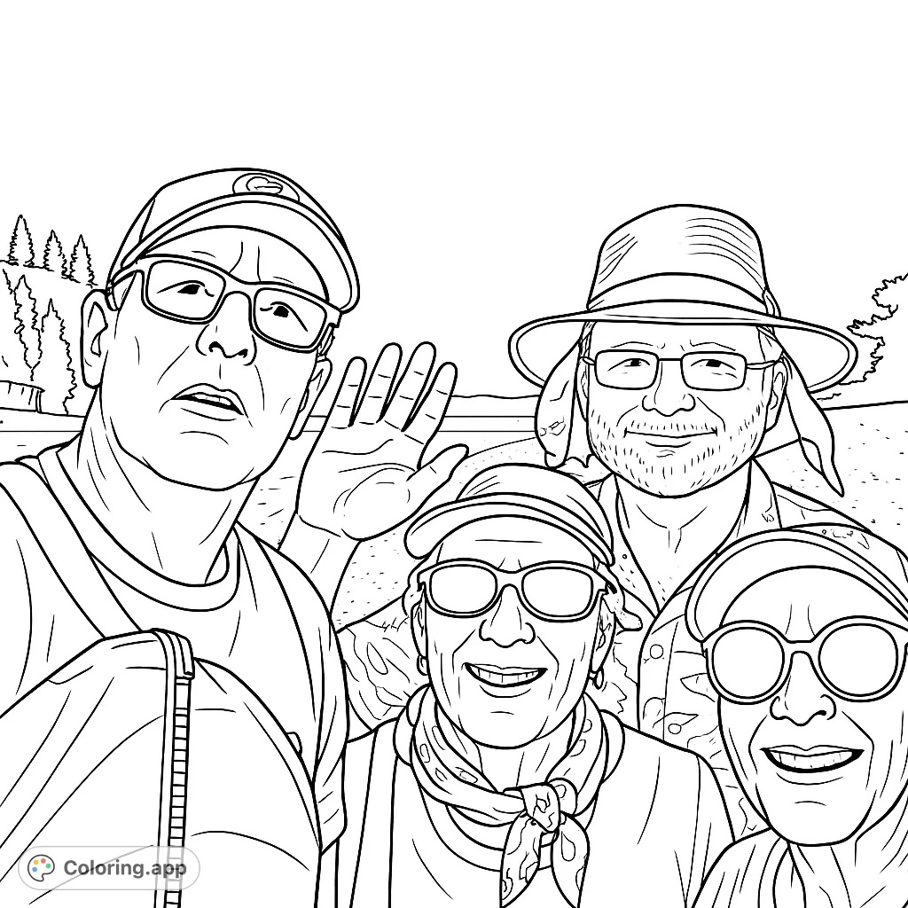 Capture the joy of an outdoor river adventure with friends. This free printable coloring page features a group enjoying a sunny day by the water, perfect for relaxation.