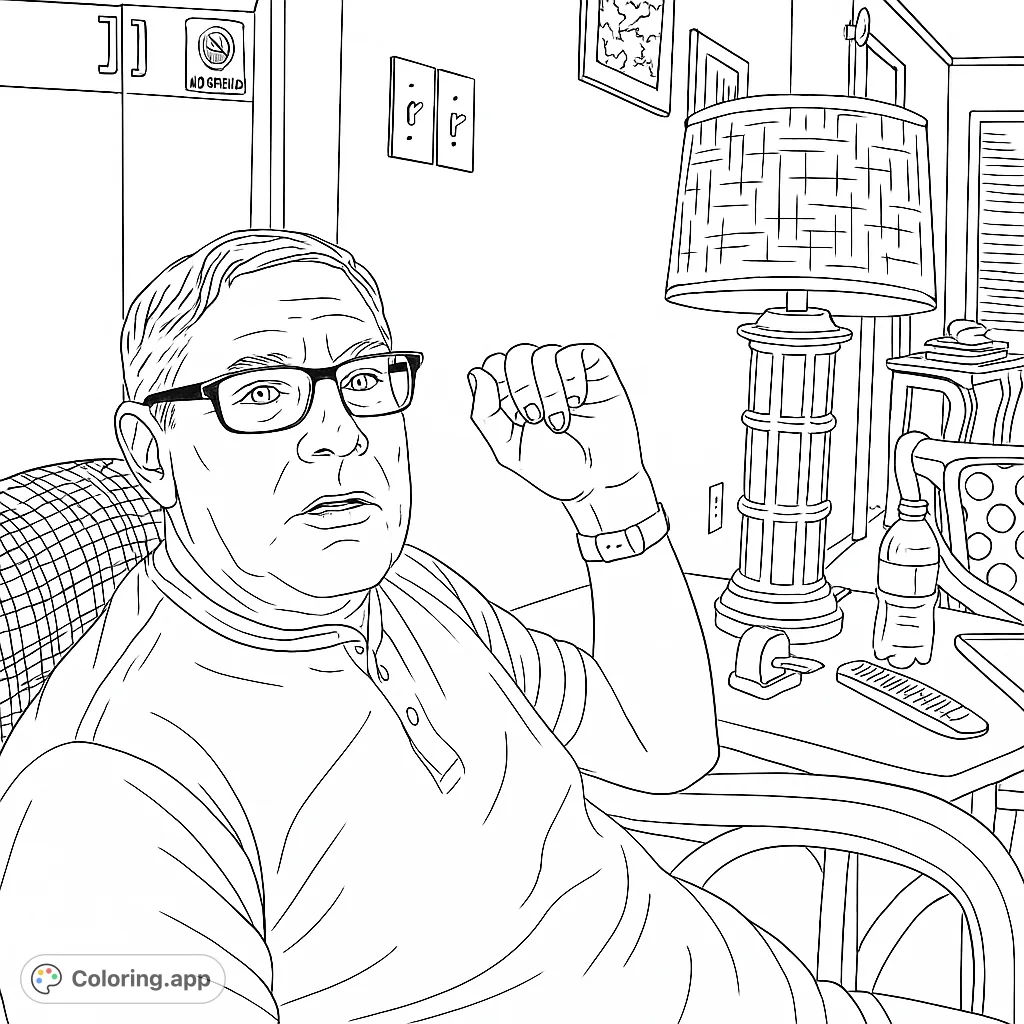A man in glasses sits casually in a cozy living space, surrounded by everyday objects. A detailed scene for a relaxing coloring experience.