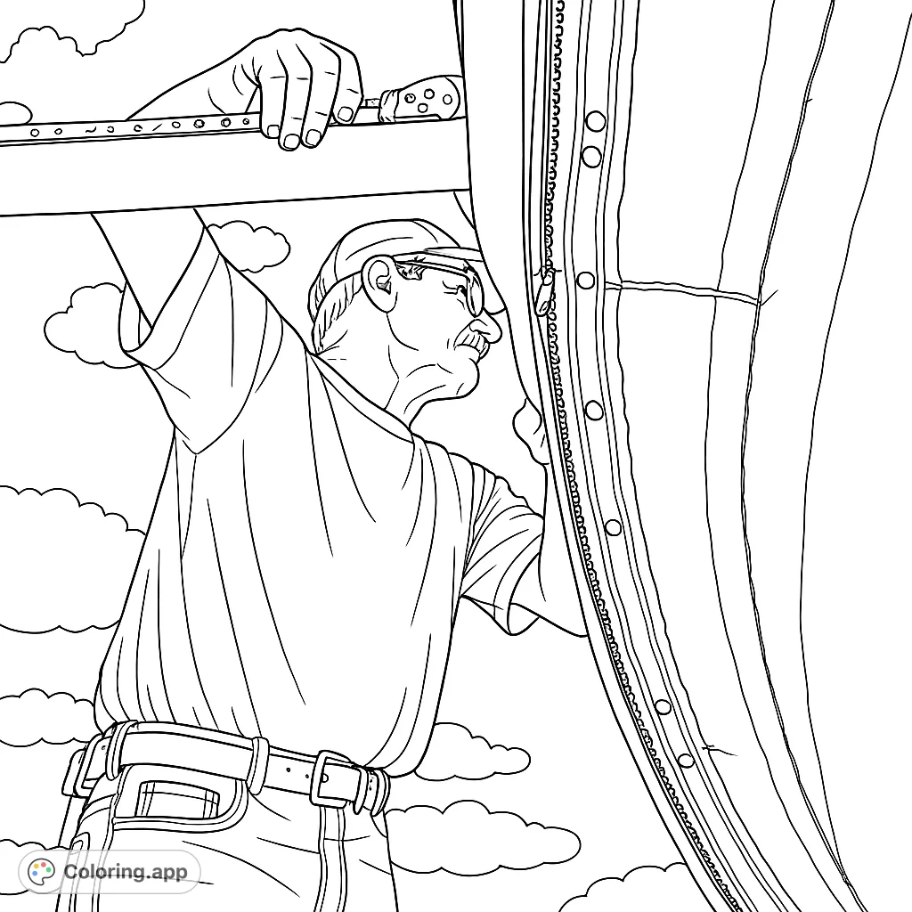 A detailed boat maintenance coloring page featuring a man working on a sail cover with a prominent zipper and fasteners against a cloudy sky.