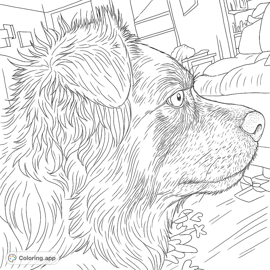 Capture the charm of a shaggy dog in profile. This detailed coloring page features expressive fur textures and a loyal gaze, perfect for pet lovers.