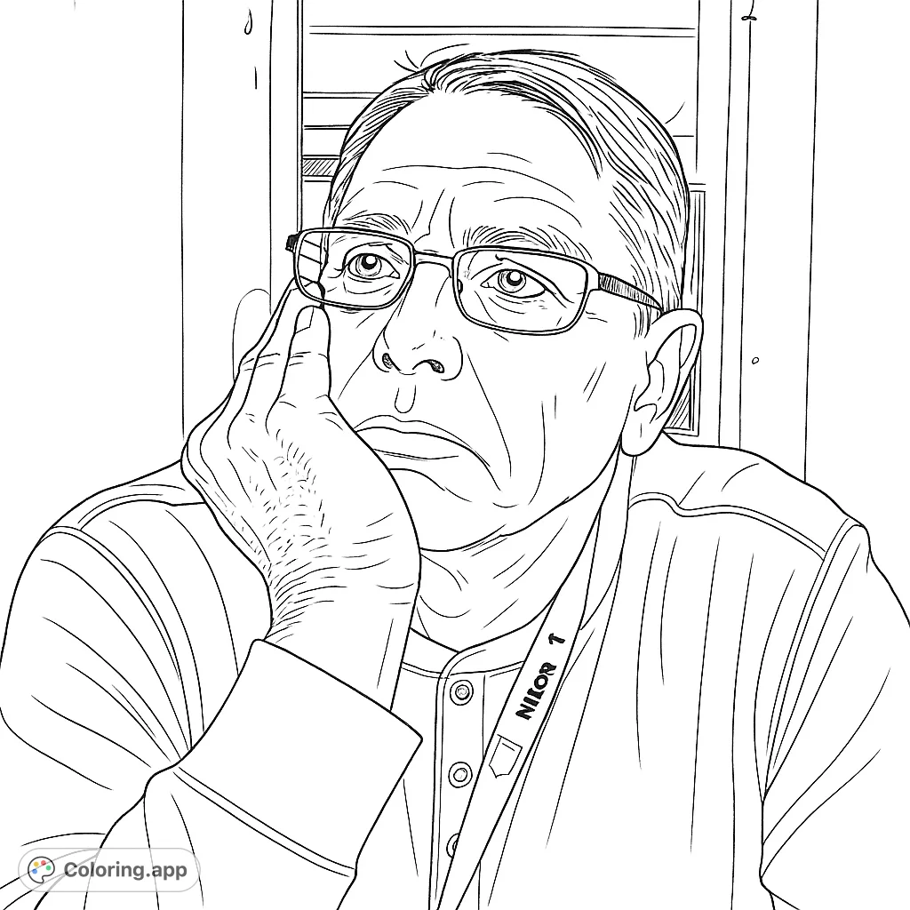A pensive man with glasses rests his chin on his hand, gazing thoughtfully. A detailed portrait perfect for exploring shading and expression.