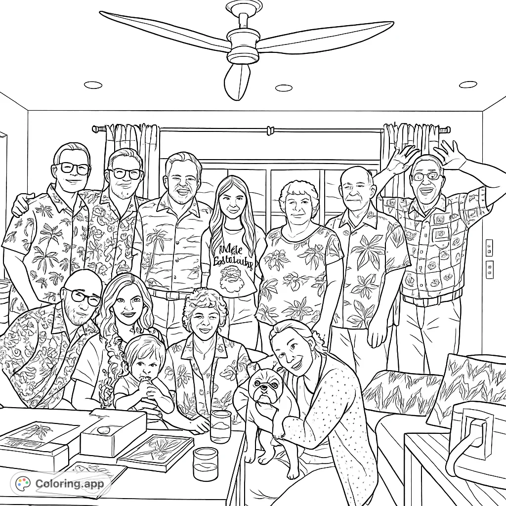 A joyful group portrait featuring a family or friends in tropical attire, complete with leis and a playful dog, set in a cozy indoor space.