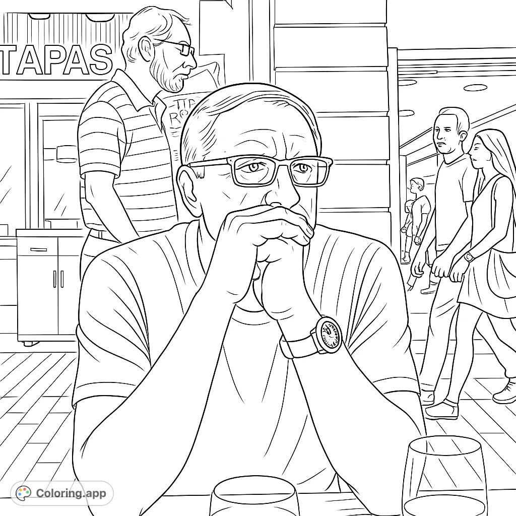 Capture a moment of urban contemplation with this detailed street scene coloring page. Features a man at a cafe table amidst a bustling city backdrop.