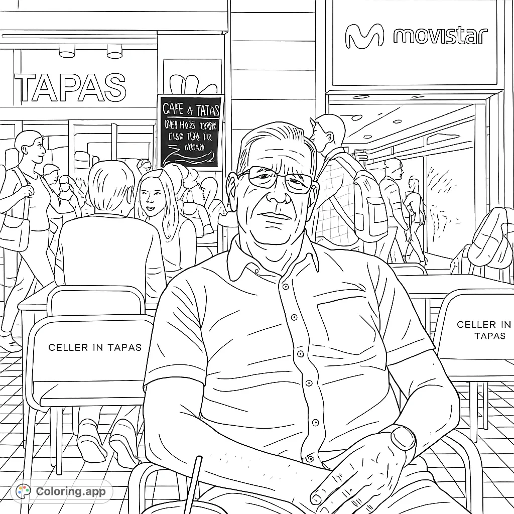 Capture the lively atmosphere of an urban evening with a man seated at an outdoor cafe, surrounded by bustling street activity and illuminated storefronts.