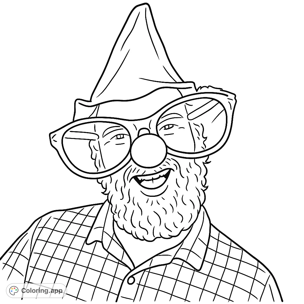 A whimsical character portrait featuring a bearded person in a pointed hat, oversized glasses, and a round nose, ready for a fun coloring adventure.