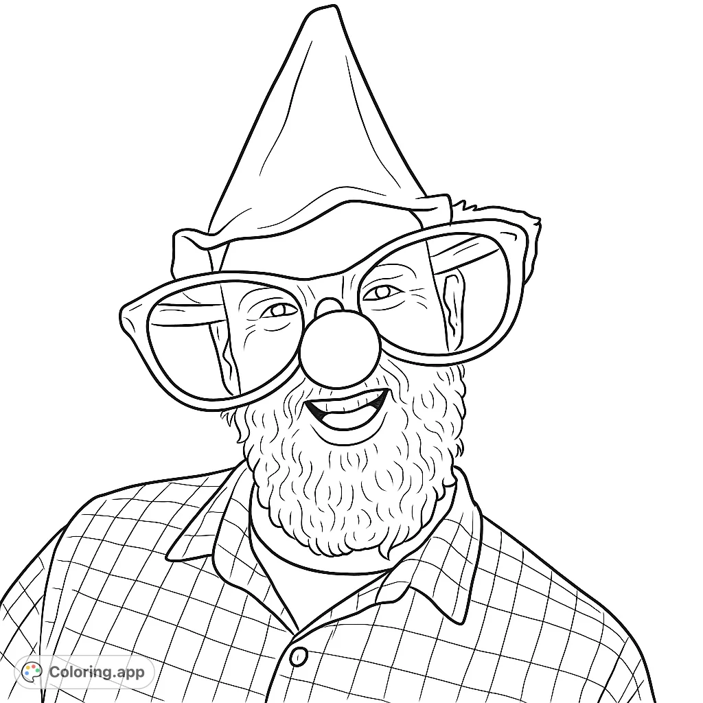 A whimsical character wearing a pointed hat, oversized glasses, and a round nose, with a cheerful expression. Perfect for a fun coloring session.