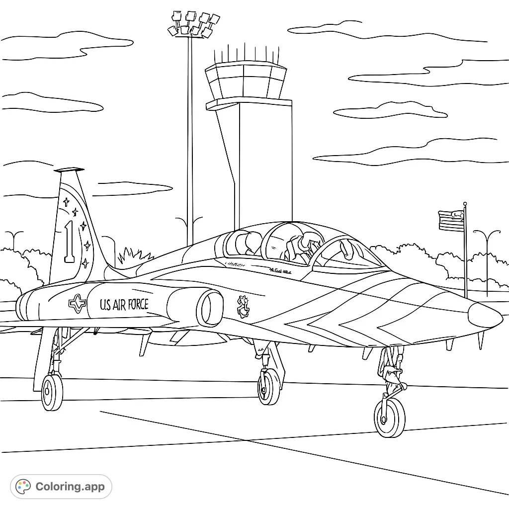 A powerful military jet awaits takeoff on an airfield, with an air traffic control tower in the background. Perfect for aviation enthusiasts.