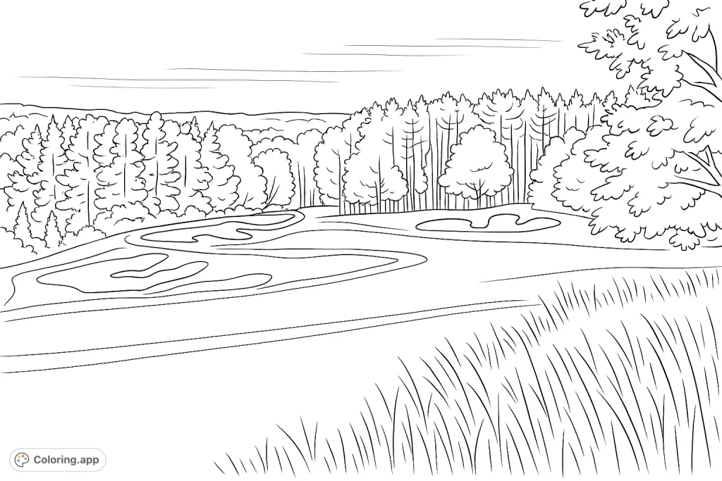 Explore a detailed golf course coloring page featuring a vast fairway, challenging bunkers, and a dense forest backdrop. Perfect for nature and sport enthusiasts.