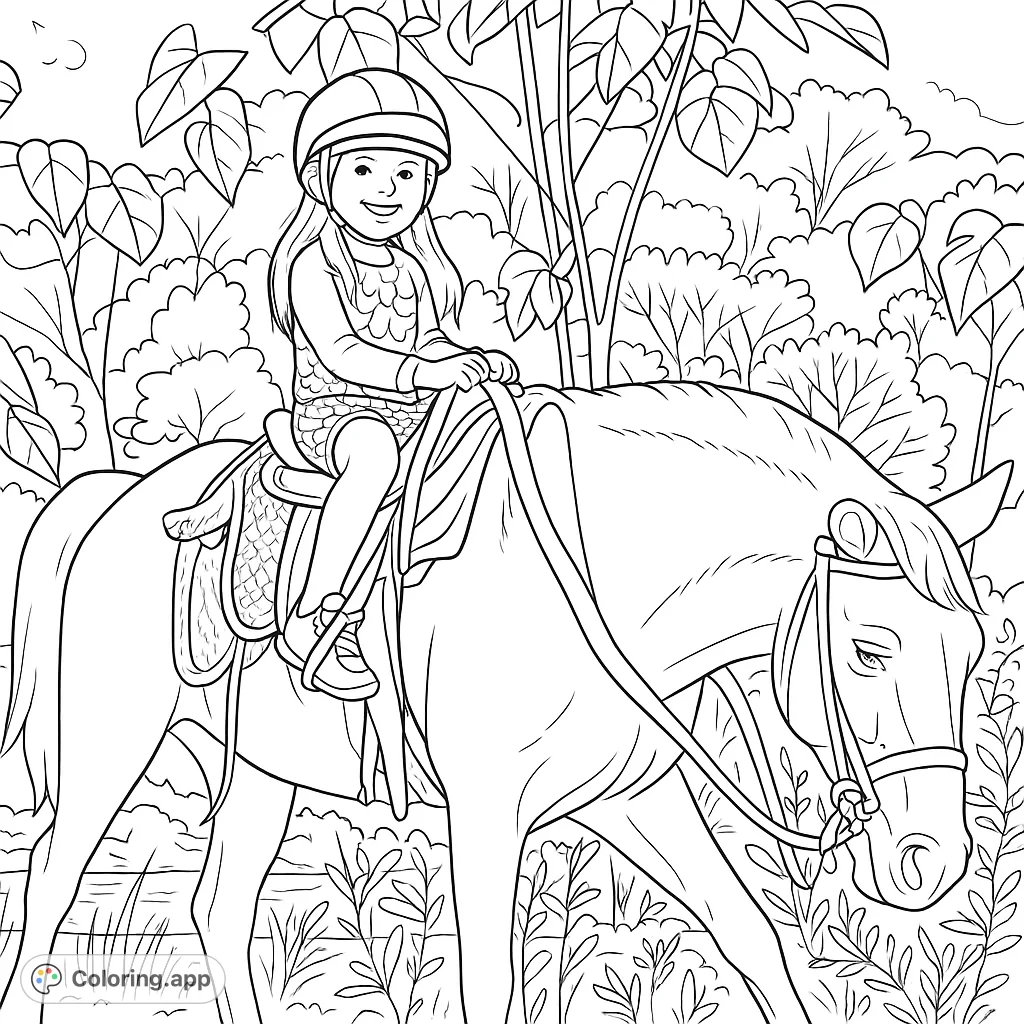 Embark on a delightful horseback adventure! A smiling child rides a majestic horse through a lush, natural landscape, ready for your creative touch.