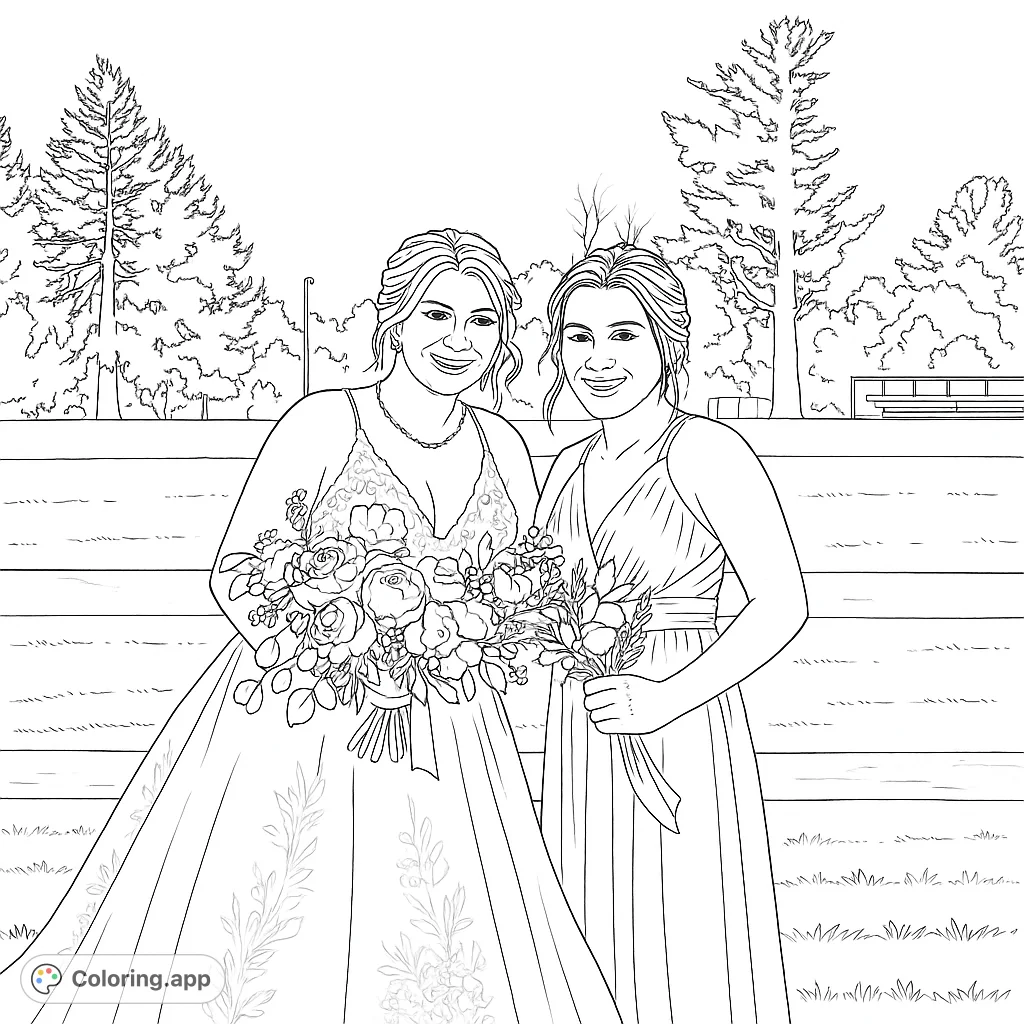 Celebrate a special day with this wedding-themed coloring page featuring a bride and her companion, holding beautiful bouquets in a scenic outdoor setting.
