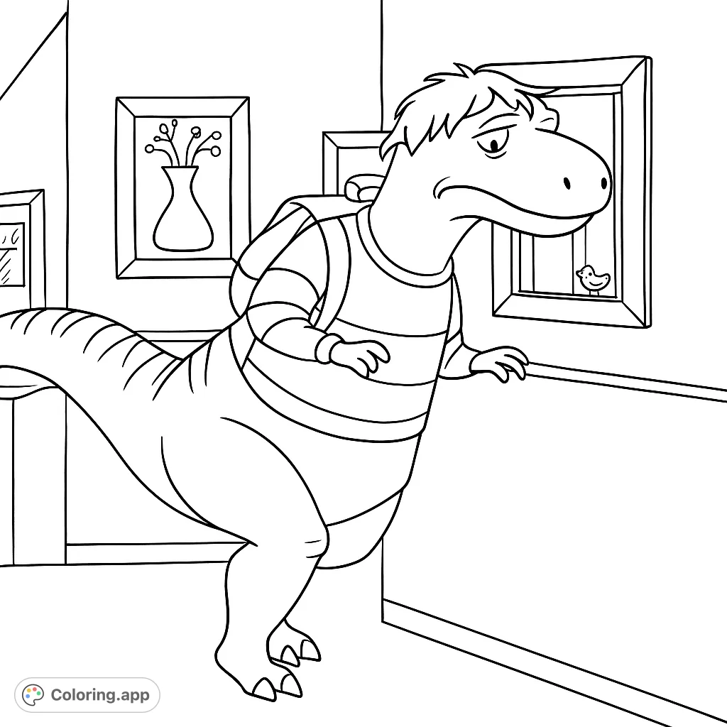 A charming dinosaur character with a backpack and striped shirt, standing in an indoor setting with framed art. Perfect for young dinosaur enthusiasts.