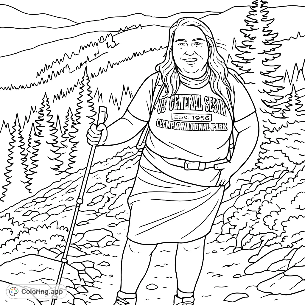A cheerful hiker stands on a mountain trail, trekking pole in hand, with a vast, forested landscape stretching behind. Perfect for nature lovers.