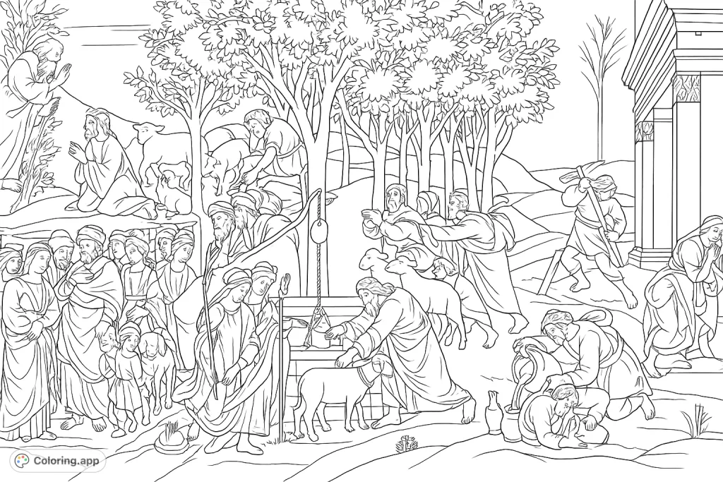 A dramatic biblical scene depicting Moses defending Jethro's daughters at the well, surrounded by a bustling crowd, sheep, and a detailed landscape.