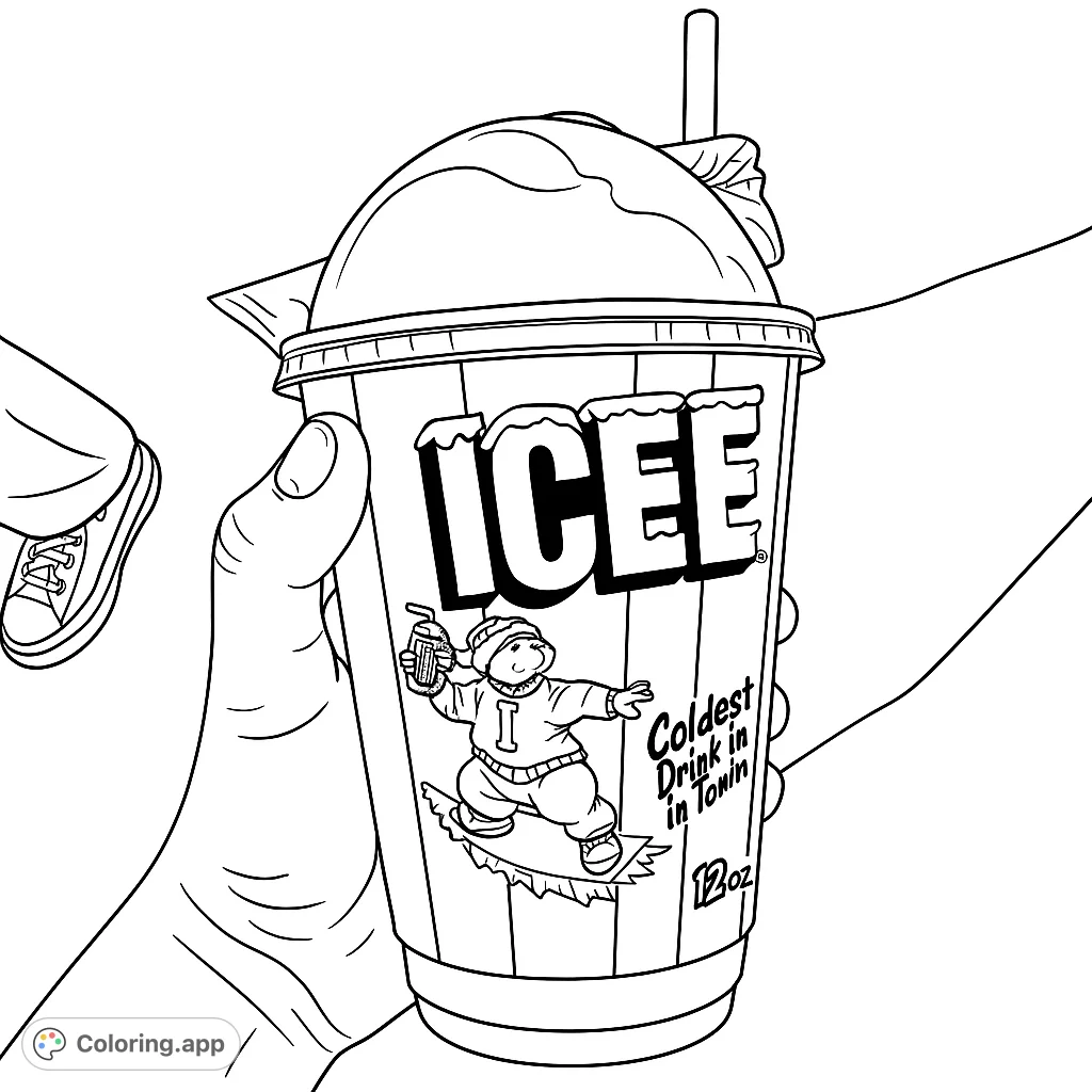 A hand holds a refreshing frozen beverage cup featuring a playful polar bear character and bold text, perfect for a cool coloring experience.