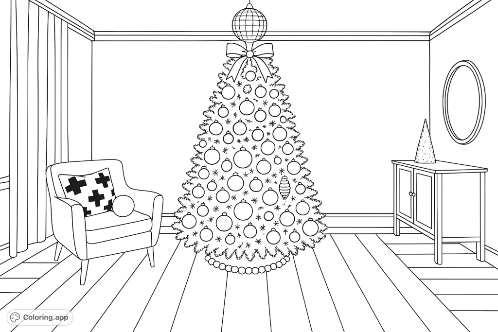 A vibrant, detailed Christmas tree takes center stage in a stylish room, surrounded by festive decor and modern furnishings. Perfect for holiday coloring!