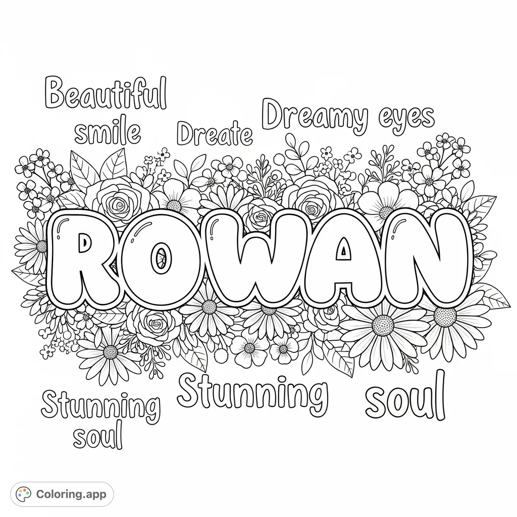 A delightful Rowan coloring page featuring large bubble letters, surrounded by uplifting compliments and an array of beautiful flowers, perfect for personalization.