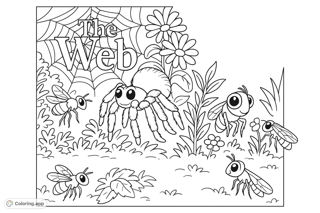 A captivating cartoony spider and flies coloring page, featuring a furry spider, flies, and intricate webs amidst lush foliage. Perfect for nature and insect enthusiasts.