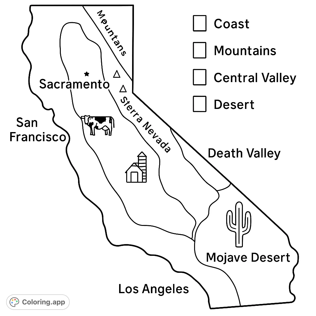 Explore California's diverse geography with this detailed map coloring page. Features regions, cities, and iconic symbols for an educational and fun activity.