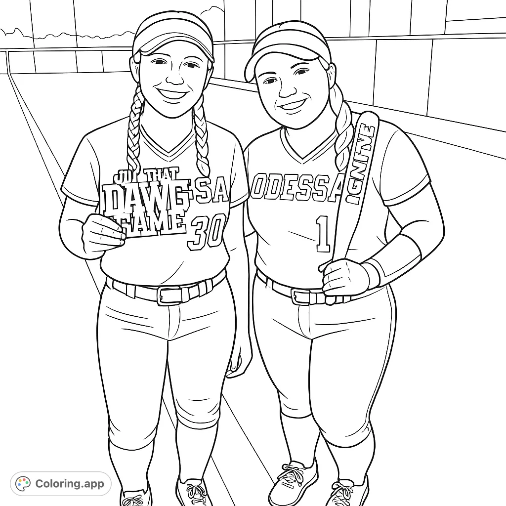 Two smiling softball players in uniform, one with a unique pendant, the other with a bat, ready for action on the field. Perfect for sports fans!