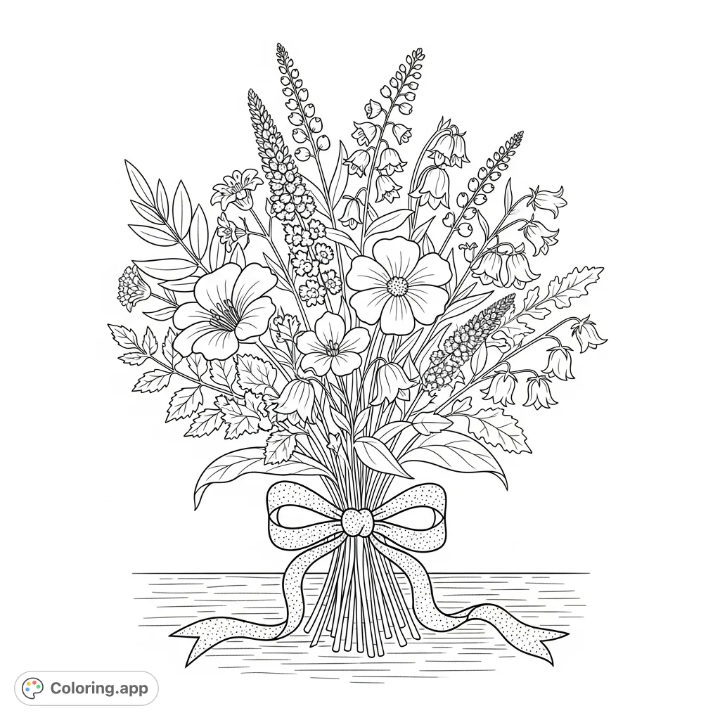 A charming bouquet of diverse wildflowers, loosely gathered and tied with a flowing ribbon, perfect for a relaxing coloring experience.