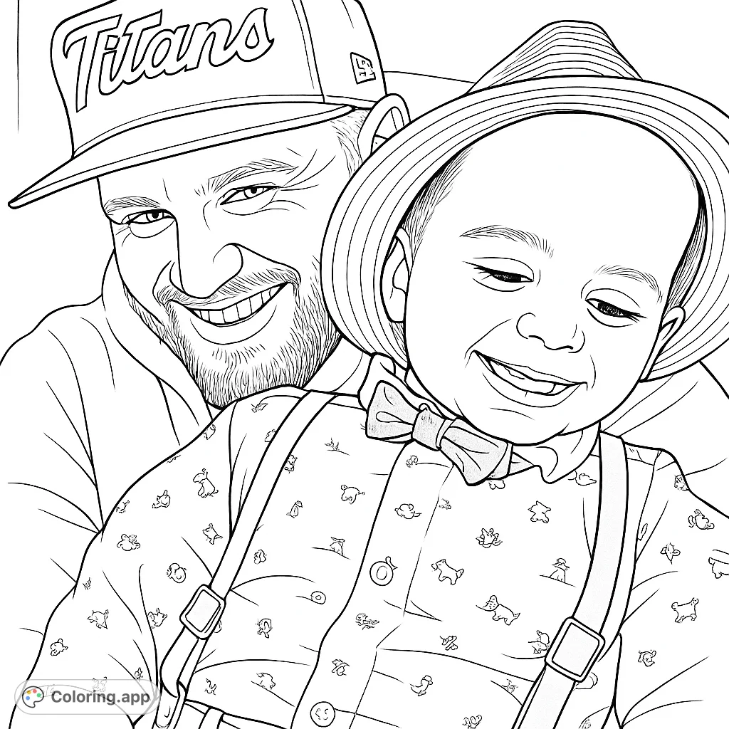 A heartwarming portrait of a smiling man and a joyful child in a hat and suspenders, capturing a precious family moment.
