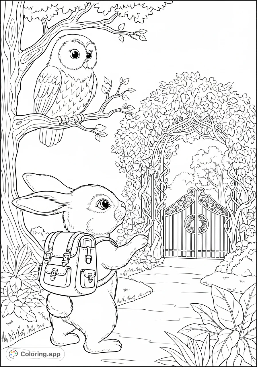 A charming scene featuring a cute bunny with a backpack pointing to a secret garden entrance, observed by a wise old owl. Perfect for a whimsical coloring adventure.