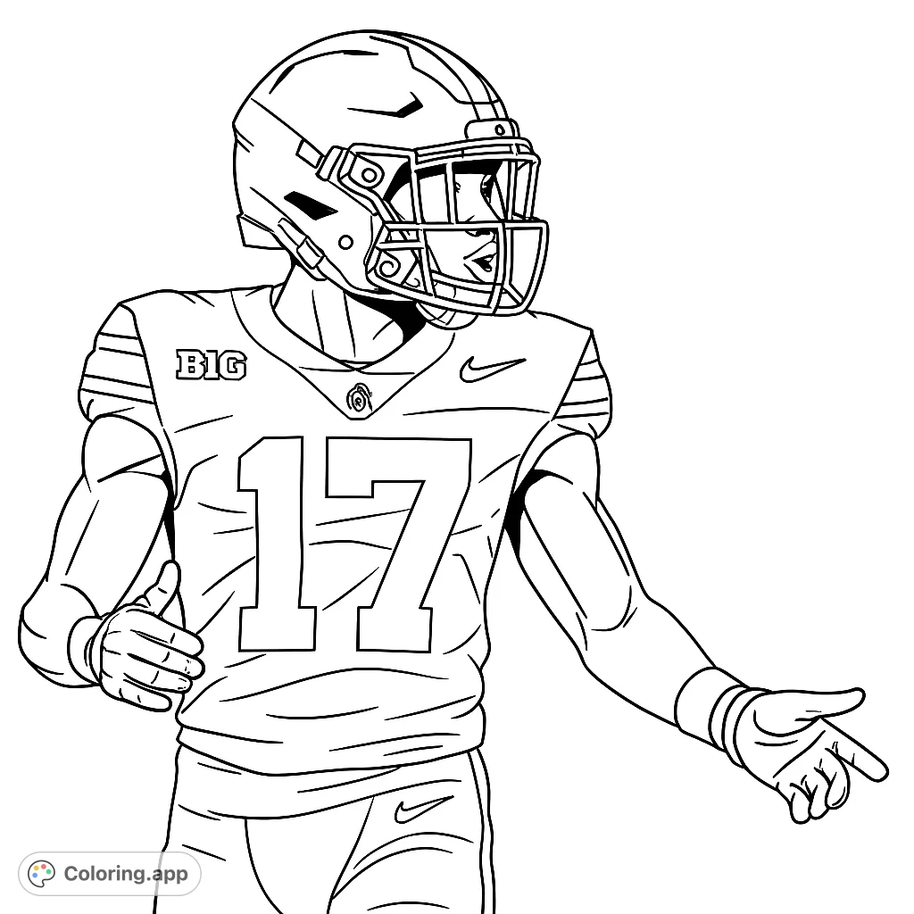 Dynamic football player in full uniform, helmet, and gloves, ready for action on the field. Perfect for sports fans.
