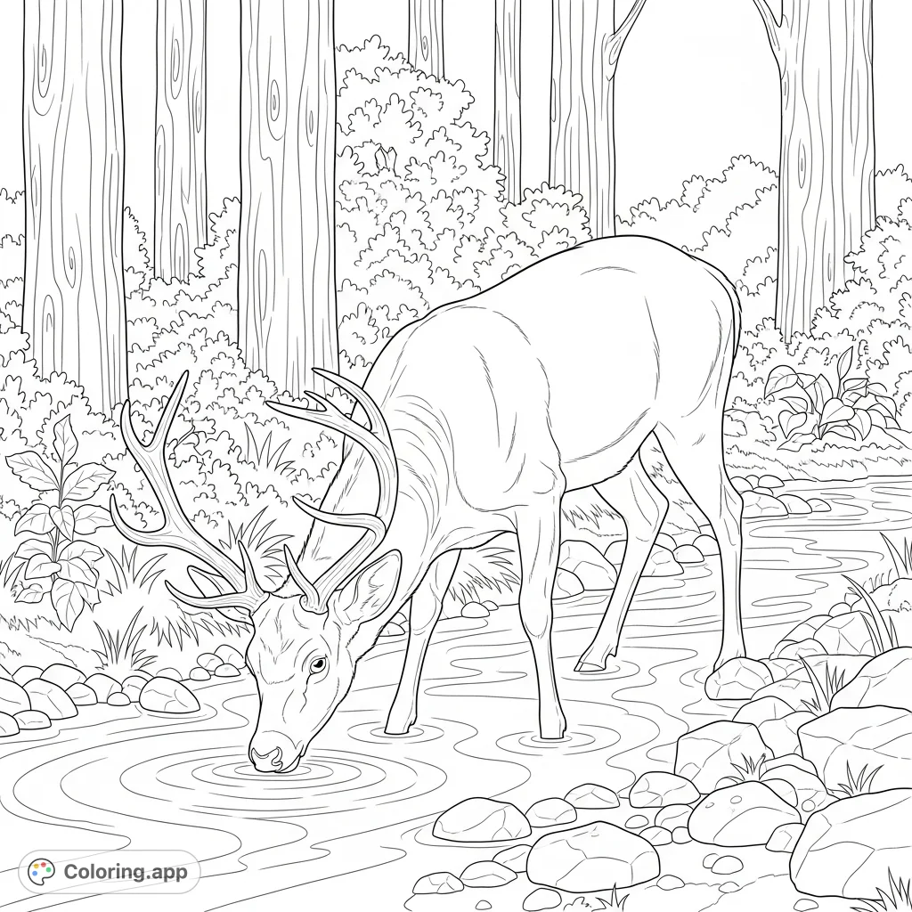 A serene forest deer coloring page featuring a majestic deer drinking from a tranquil stream amidst lush woodland. Perfect for nature lovers.