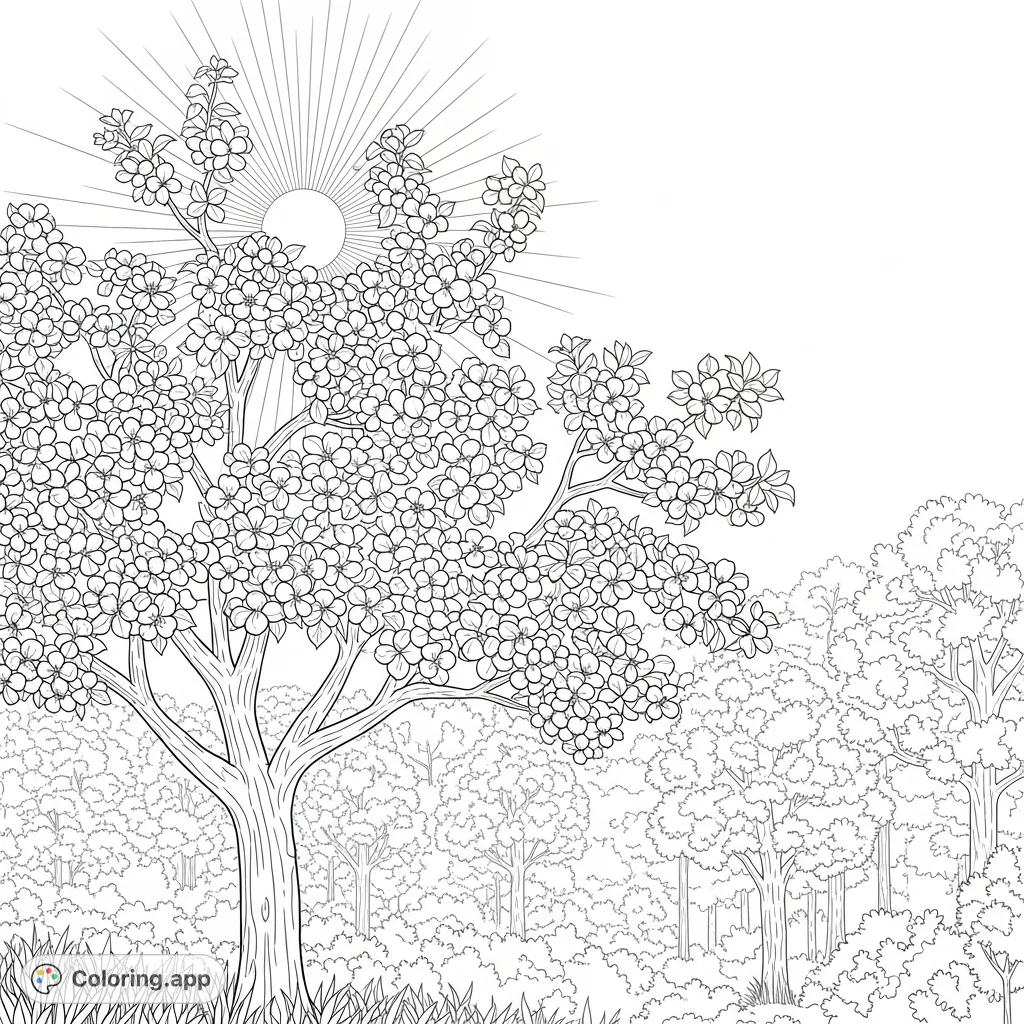 A beautiful apple blossom tree with the sun glowing behind it, set against a backdrop of lush trees. A serene nature scene perfect for mindful coloring.
