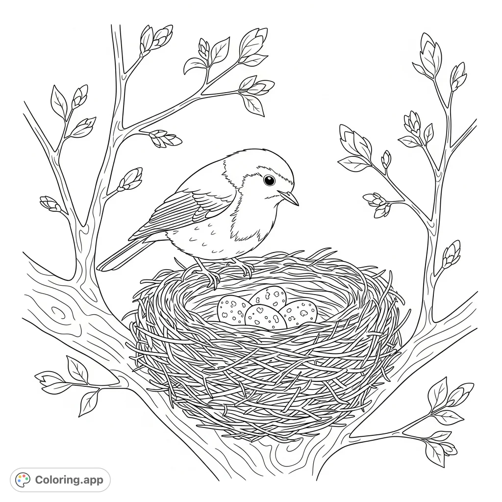 A charming spring robin's nest coloring page featuring a robin tending to its eggs amidst blossoming branches, perfect for nature lovers and spring enthusiasts.