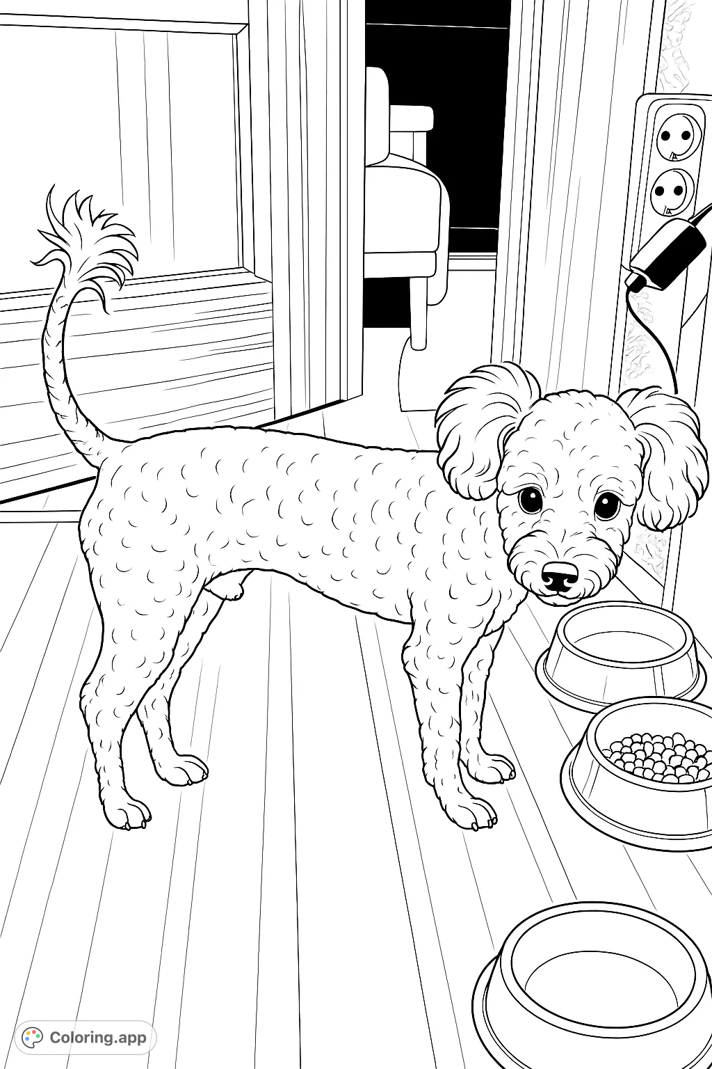 A charming poodle stands by its food bowls, ready for a fun coloring adventure. This delightful dog coloring page is perfect for pet lovers of all ages.