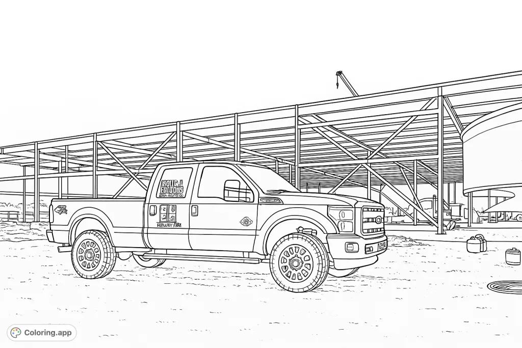 A rugged pickup truck parked at a construction site, featuring a detailed steel framework building and a crane in the background. Perfect for vehicle and industrial enthusiasts.
