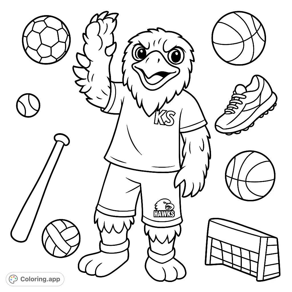 Color this energetic bird mascot in its team uniform, surrounded by various sports equipment. A fun and engaging sports-themed coloring page for all ages.