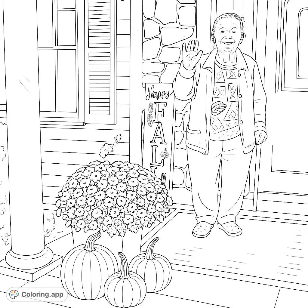 A heartwarming fall harvest coloring page featuring a welcoming woman on a porch adorned with pumpkins, mums, and a "Happy Fall" sign.