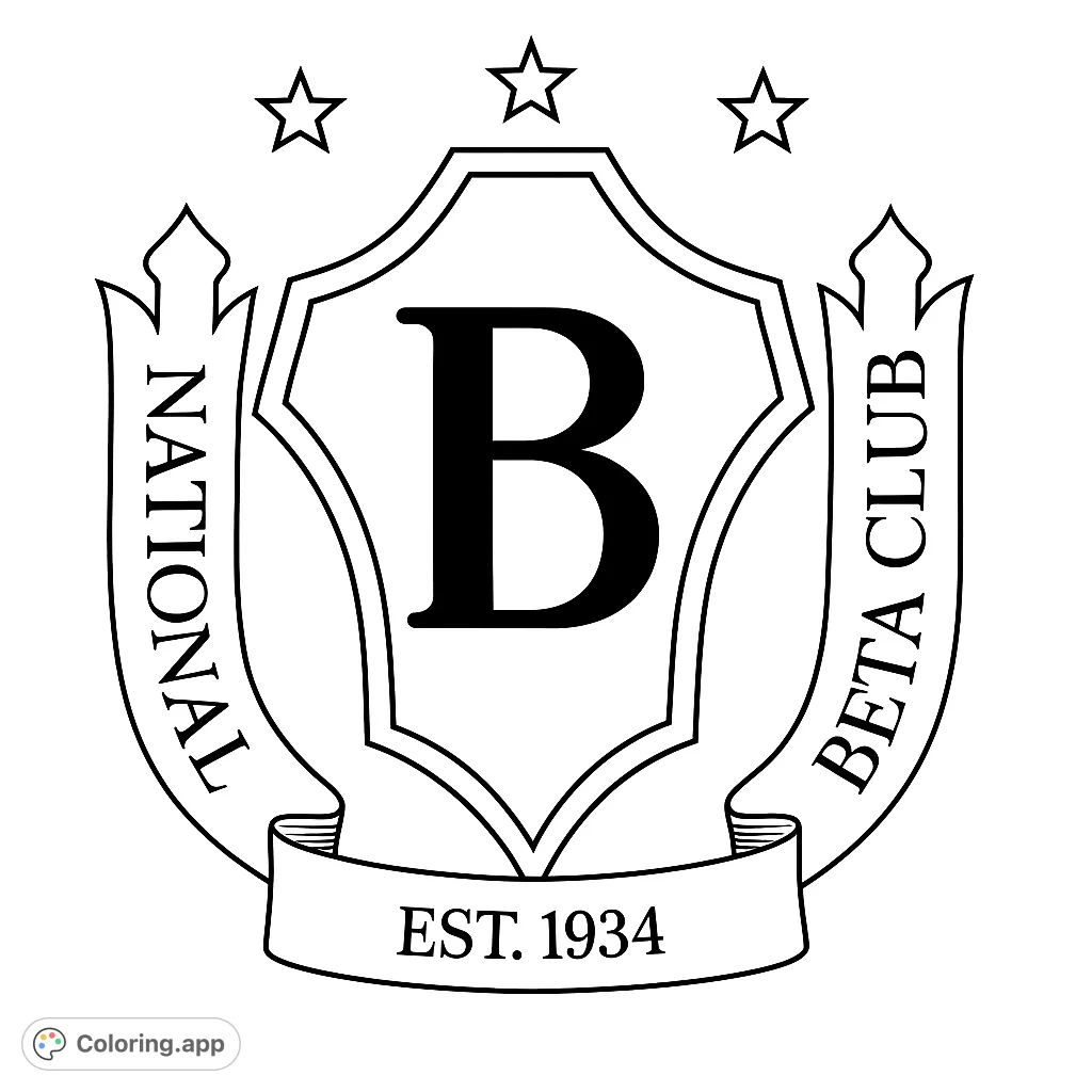 Color a detailed academic crest featuring a prominent 'B', banners with 'National Beta Club', stars, and 'Est. 1934'.
