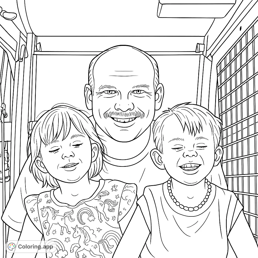 Capture a heartwarming family moment with a father and his two joyful children in a unique setting. A delightful family portrait coloring page.