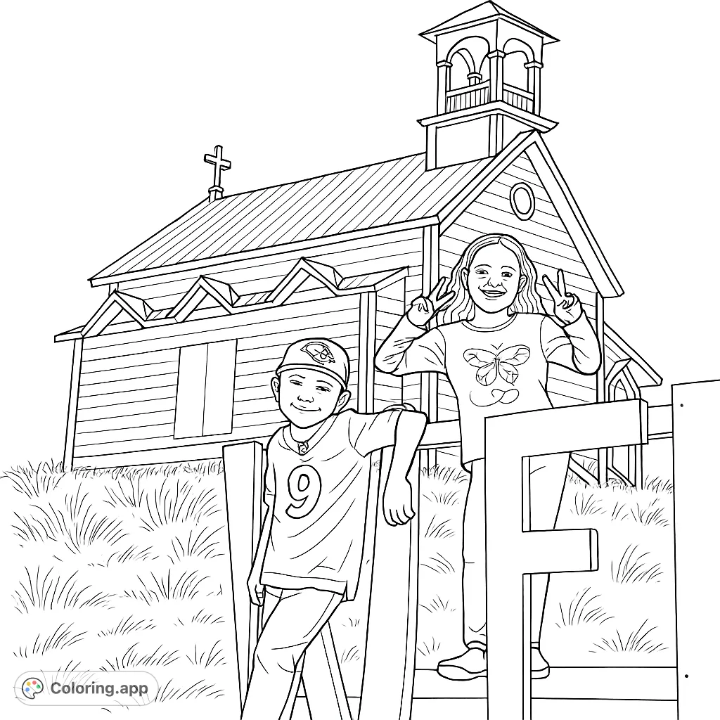 Two happy children pose by a charming country church and a decorative fence, ready for a fun coloring adventure.
