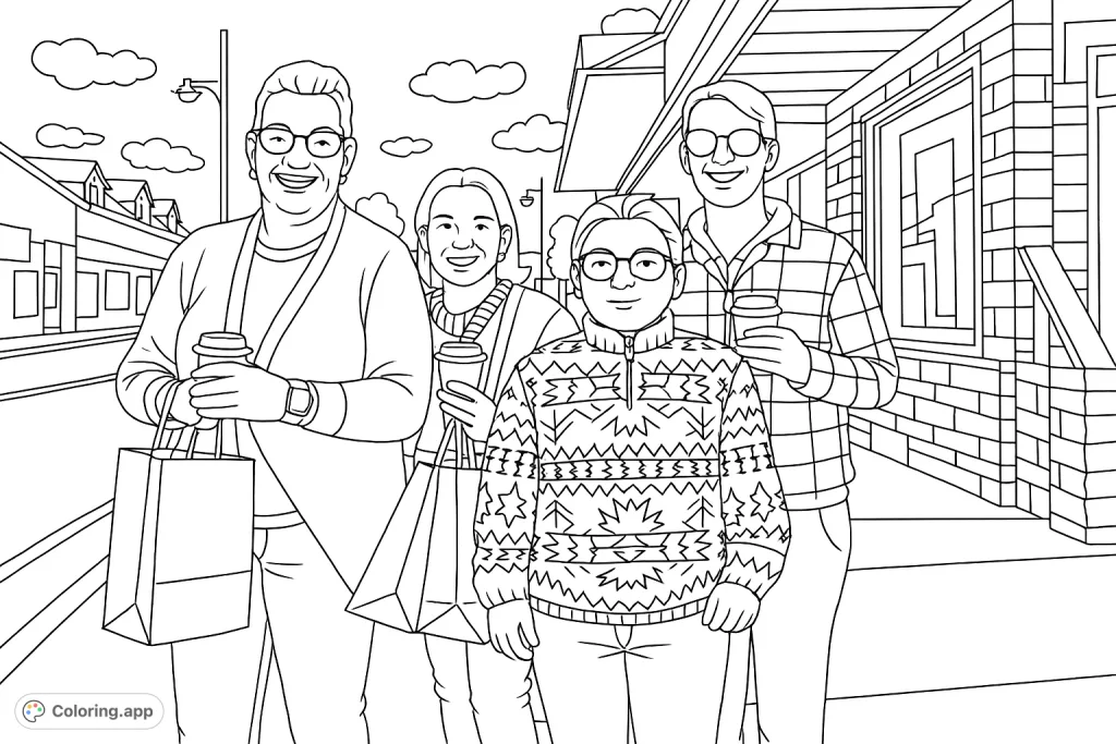 Four friends enjoying a day out, holding drinks and shopping bags, against a backdrop of charming town storefronts.