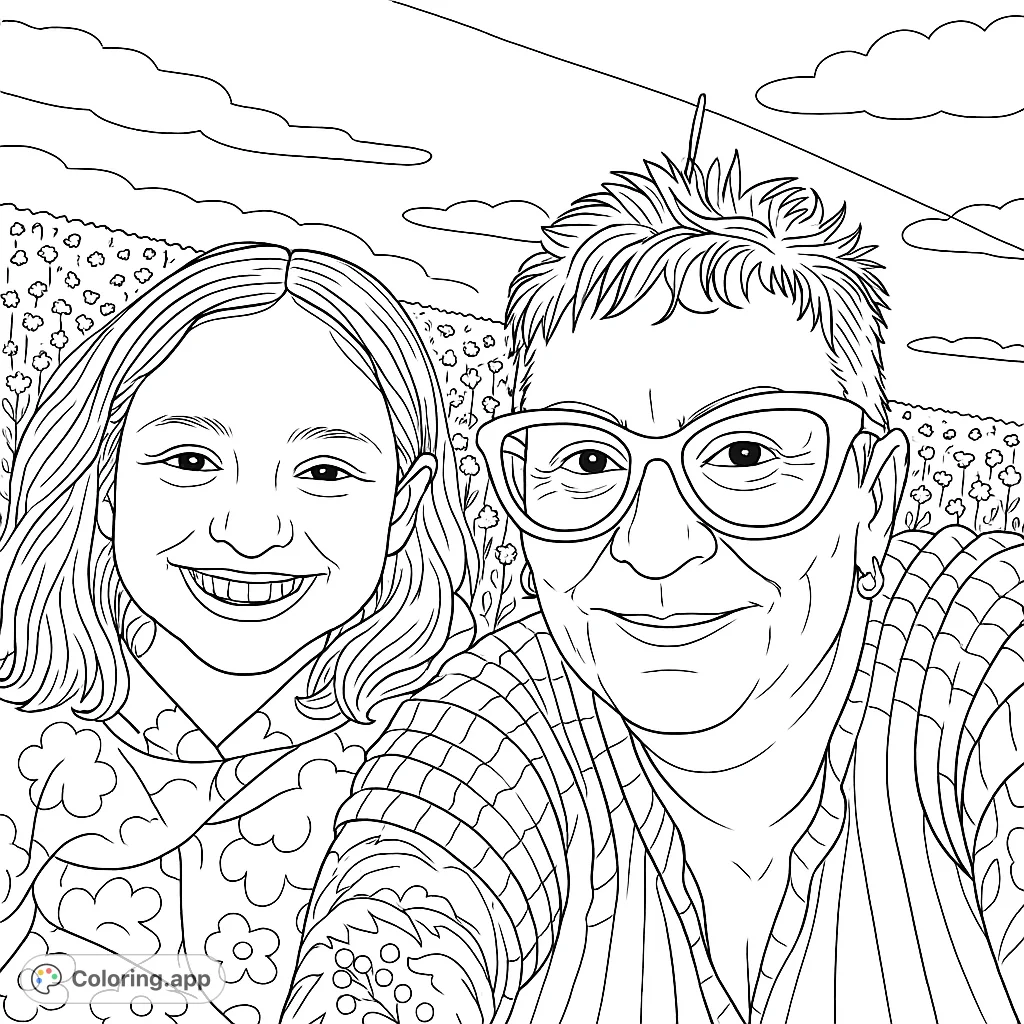Capture a heartwarming moment with this joyful faces coloring page. A woman and girl smile in a field of blooms under a cloudy sky.