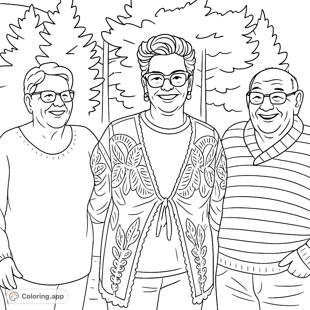 A heartwarming coloring page featuring three smiling individuals, two women and one man, standing together in a natural outdoor setting. Perfect for celebrating connections.