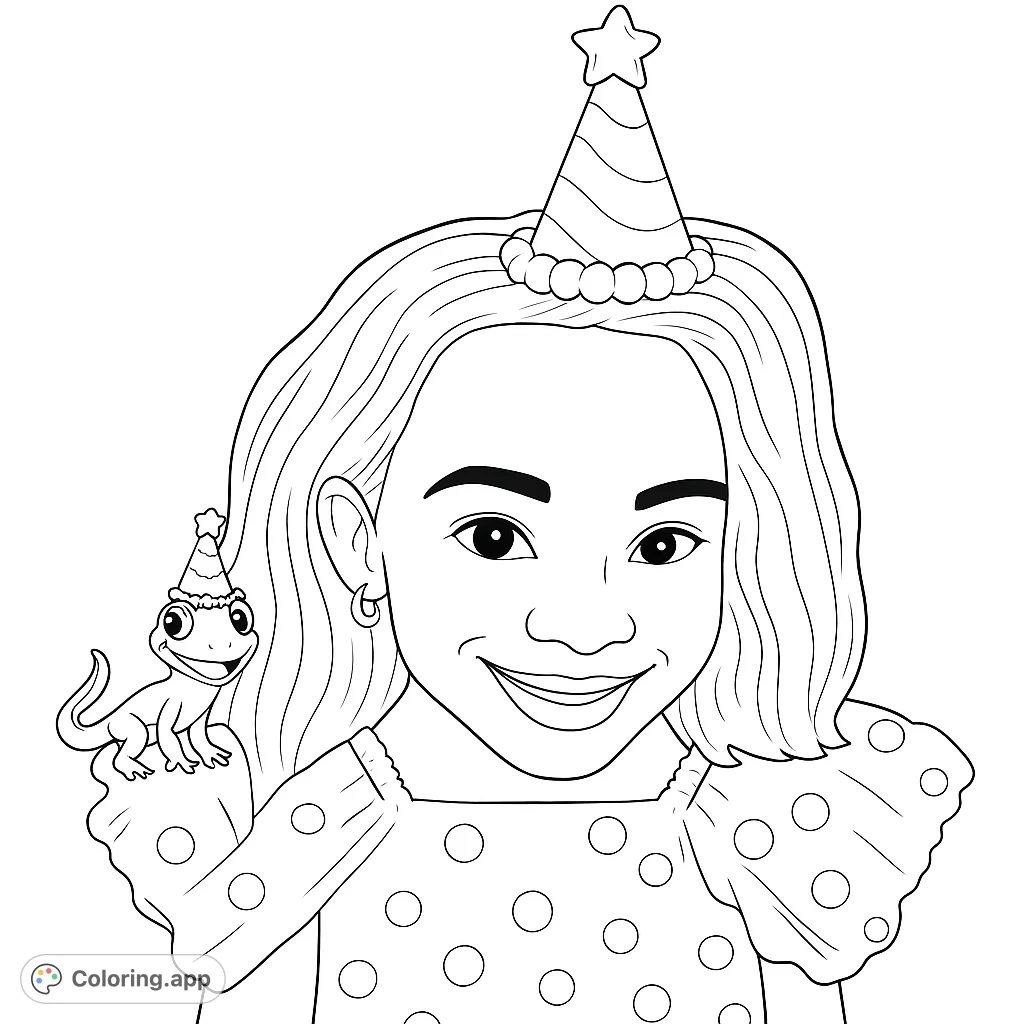 Celebrate with this cheerful person wearing a party hat, accompanied by a smiling lizard friend. Features playful polka dots and a festive mood.