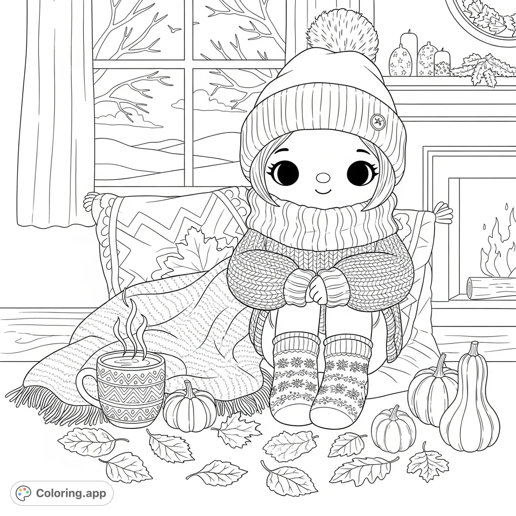 A charming Coco Wyo style character enjoying a cozy fall scene, surrounded by autumn elements and warm comforts. Perfect for a relaxing coloring experience.