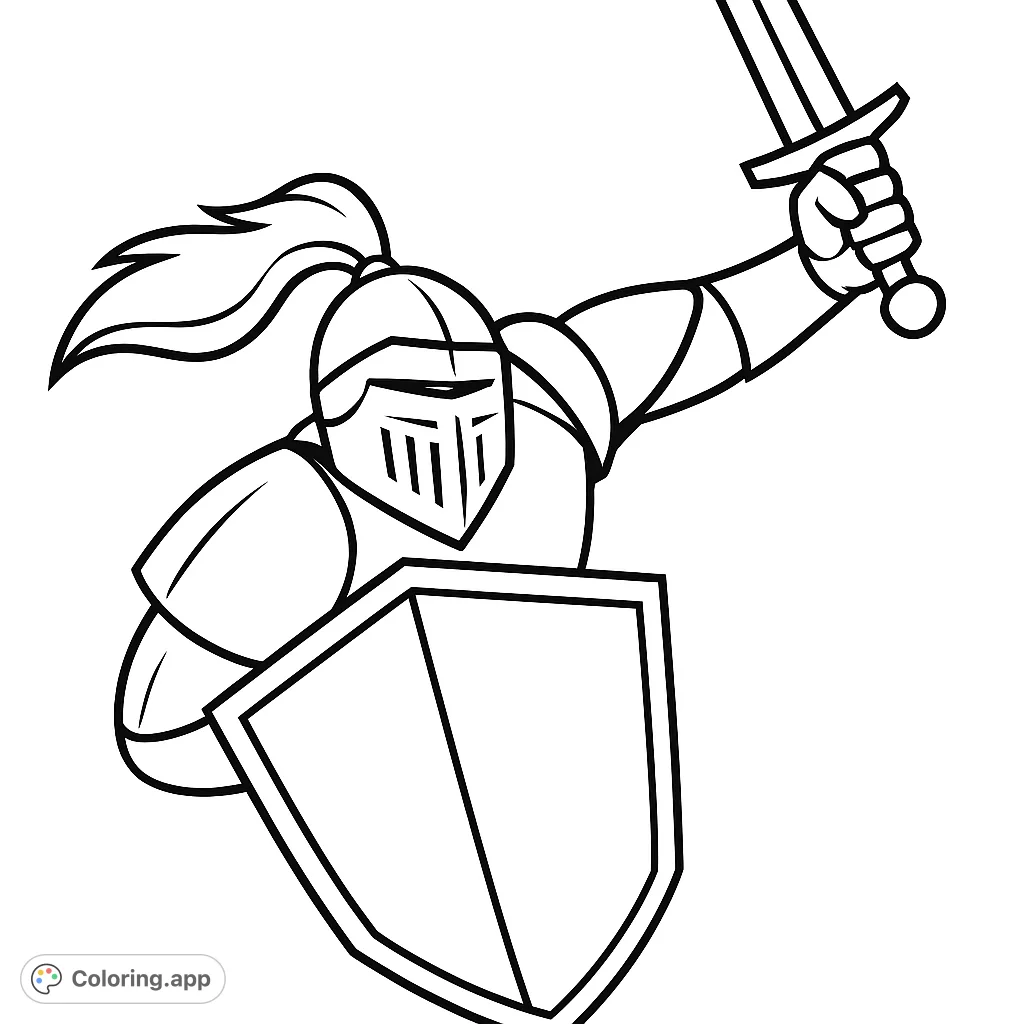 A dynamic knight in full armor, sword raised and shield ready. Perfect for an action-packed medieval adventure coloring page, inspiring bravery and imagination.